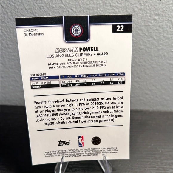 NBA Topps Chrome Normal Powell Red white Blue refractor LA Clippers Miami Heat - Picture 2 of 2
